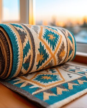 Southeast Folk Weave Colorful geometric patterned rug rolled up by the window at sunset Ikat Cloth Photo Traditional Loom Product Ikat Inspired Textile