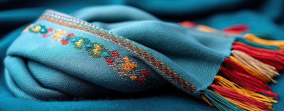 Southeast Folk Weave Blue Textured Fabric with Colorful Embroidery and Fringed Edge Ikat Cloth Photo Traditional Loom Product Ikat Inspired Textile