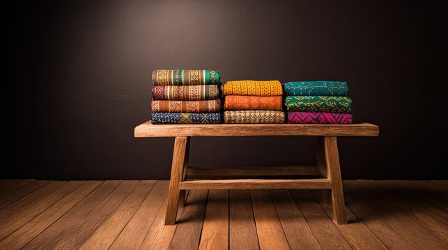 Southeast Folk Weave Colorful Textiles Stacked on Wooden Table Against Dark Background Ikat Cloth Photo Traditional Loom Product Ikat Inspired Textile