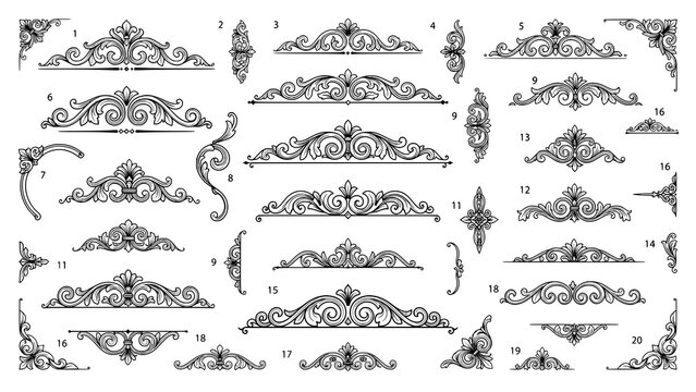 Collection of vintage decorative floral ornaments and baroque style scrollwork design elements