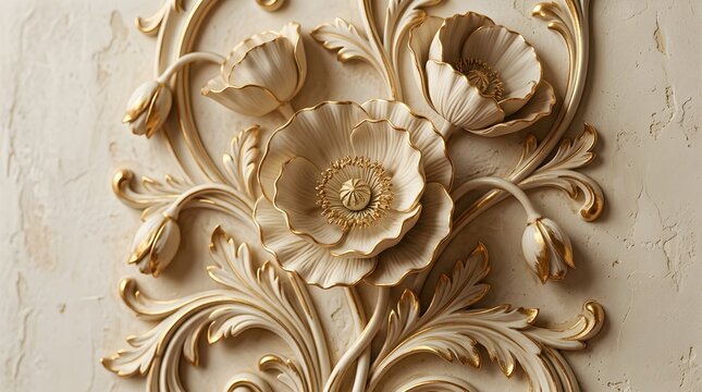 Elegant 3d floral relief wall art with cream and gold poppy flowers and intricate acanthus leaves
