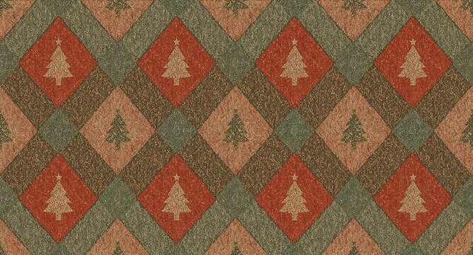 Vintage seamless christmas argyle pattern with golden trees on distressed red and green background
