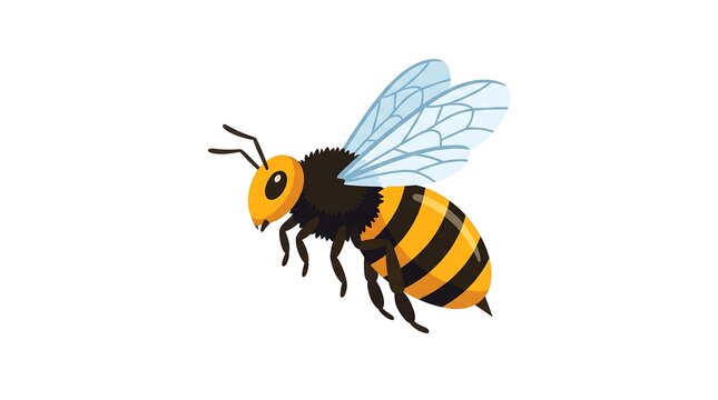 Honey bee illustration on white background. Flying bumblebee vector icon. Yellow and black striped insect graphic for nature design.