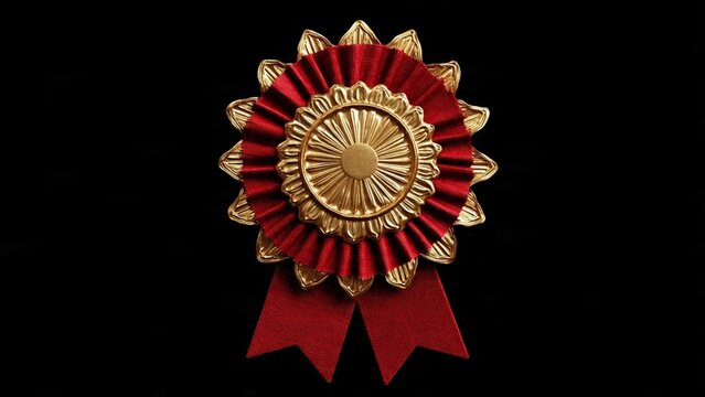 Red decorative award ribbon rosette with golden center isolated on black background achievement celebration ceremony competition recognition