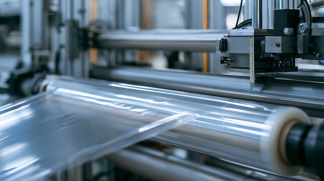 Advanced industrial machine processing clear plastic film roll in a modern manufacturing factory for packaging production and automated work