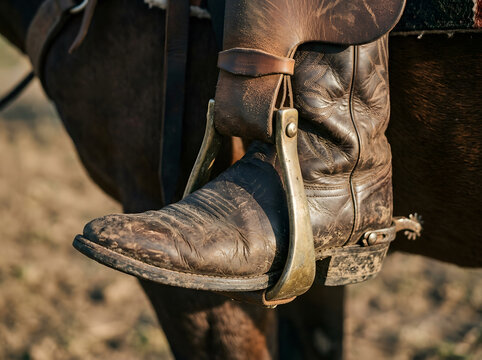 Dirty leather cowboy boot in a metal stirrup on a horse