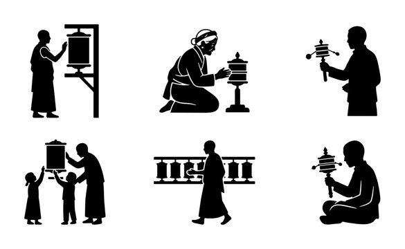 Tibetan Buddhist Prayer Wheel Icons, Monks and Devotees, Spiritual Practice Vector Set