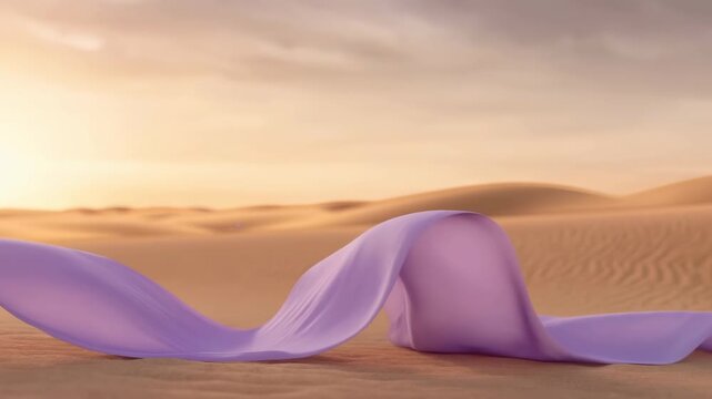 Purple translucent ribbon flowing and twisting across sandy desert landscape, forming smooth waves and curves with soft sunlight revealing fabric texture and gentle movement in open outdoor setting
