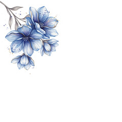Obraz premium Watercolor blue flowers with grey leaves on a white background, isolated on a, transparent background