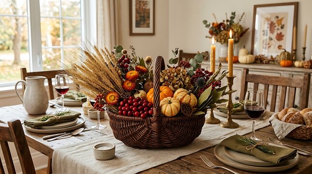 Fall harvest basket centerpiece on rustic dining room table.