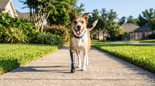 Dog with prosthetic leg walking on sidewalk in suburban neighborhood representing pet health recovery, veterinary technology, and canine physical therapy