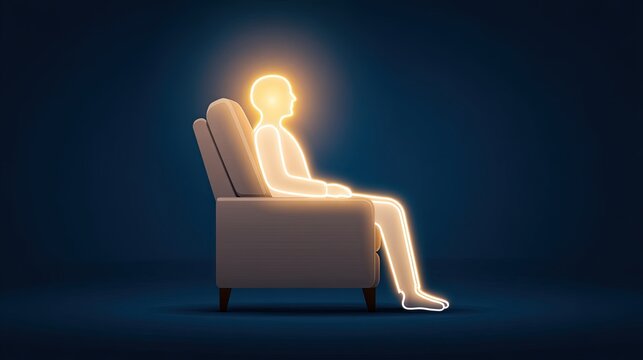 Armchair Pictogram Relaxing Illuminated Figure Sitting on Modern Chair Against Dark Background
