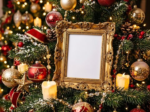 Empty vintage gold photo frame surrounded by christmas tree branches