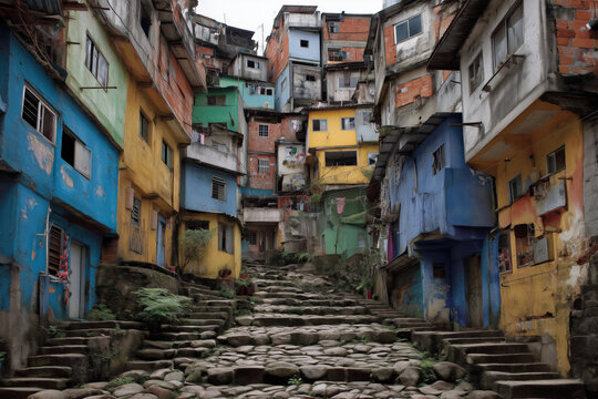 cityscape, favela in brazil, weathered blue and yellow houses around a steep stone staircase, photorealistic