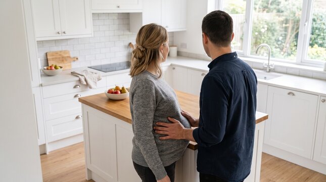 Pregnant couple expecting baby in modern white kitchen while man touches maternity belly in bright domestic lifestyle home interior