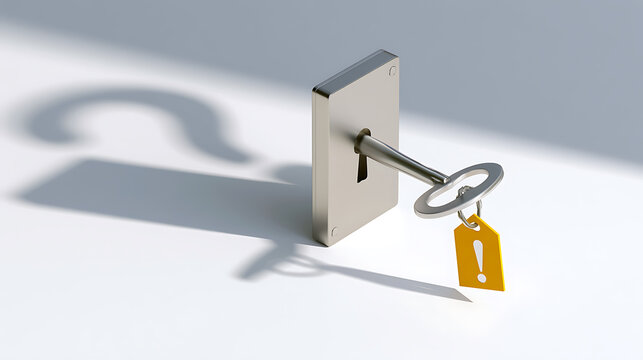 A metal key inside a keyhole casting a question mark shadow with an exclamation tag on a white background symbolizing problem solving concept