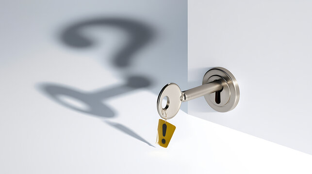 A metal key inserted into a keyhole cast a unique shadow shaped like a question mark on a white wall, representing curiosity and mystery
