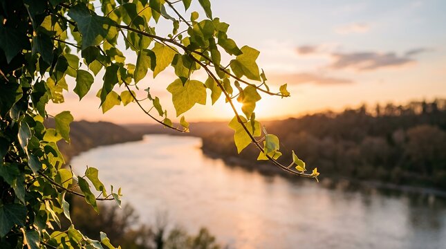 Sunlight Glowing on Ivy Branch Leaves Overlooking Scenic River Waterway at Sunset ivy leaves branch river sunset landscape spring sunlight foreground blurred background warm light nature outdoor