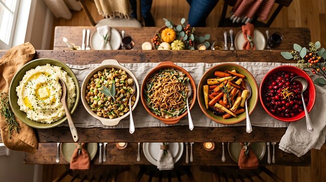 Thanksgiving dinner table with side dishes in colorful bowls.