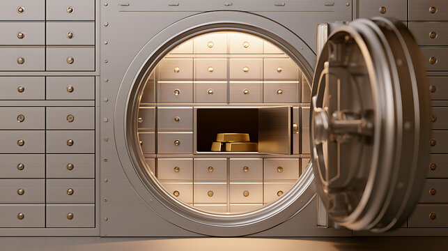 Open bank vault door revealing bright interior with precious gold bullion bars stored safely inside secure metal deposit boxes in financial room