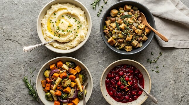 Classic thanksgiving side dishes in bowls on stone table.