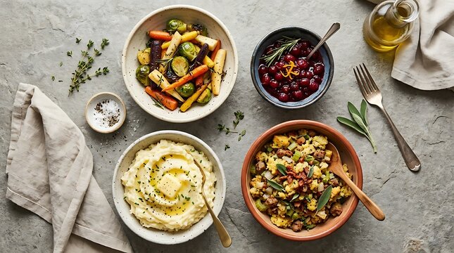 Traditional holiday side dishes in bowls over stone background.