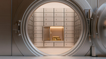 Fototapeta premium Open bank vault door revealing bright interior with safety deposit boxes and stack of gold bullion bars inside secure financial facility