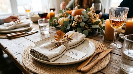 Fototapeta premium Autumn dinner table place setting with name card and pumpkin.