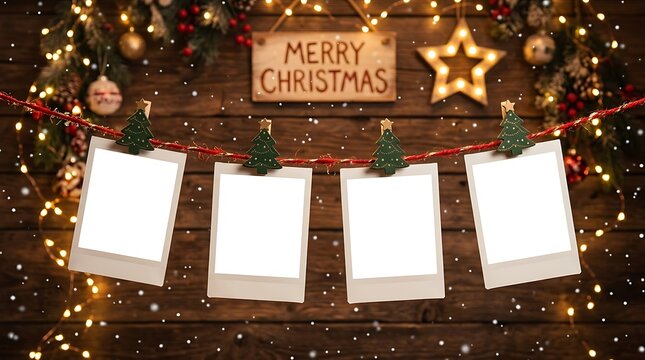 Christmas photo frame mockup hanging on rustic wooden wall with fairy lights