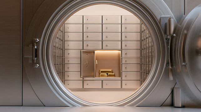 Open bank vault door revealing bright interior with safety deposit boxes and stack of gold bullion bars inside secure financial facility