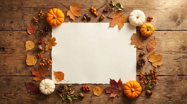 Autumn leaves pumpkins frame blank paper on rustic wood table.
