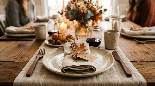 Thanksgiving dinner table setting with grateful tag and wine.