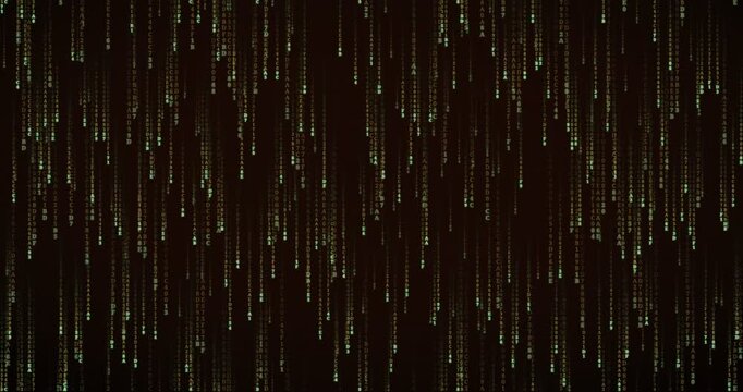 Hexadecimal code symbols cascade in a dense, layered matrix rain animation with a soft neon glow.