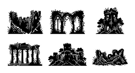 Fototapeta premium Ancient Ruin Silhouettes, Overgrown Castle Fragments, Gothic Architecture Remnants, Medieval Building Decay