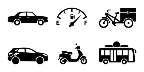 Naklejka premium Transportation Icons: Car, Scooter, Bicycle, Bus, Fuel Gauge, Electric Vehicle Icons