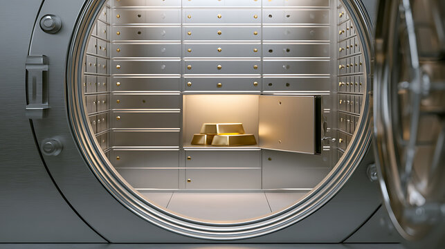 Open bank vault door reveal gold bars inside secure safety deposit box room with metallic walls and bright light for financial security