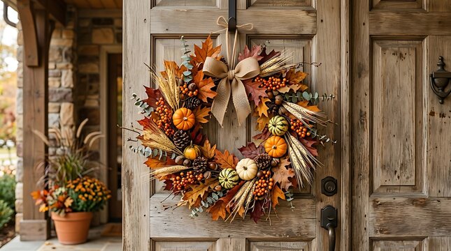Autumn wreath hangs on wooden door for seasonal decoration.