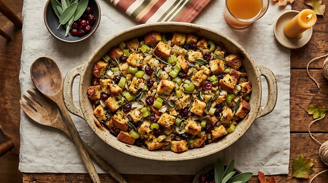 Stuffing served in baking dish for holiday dinner meal.
