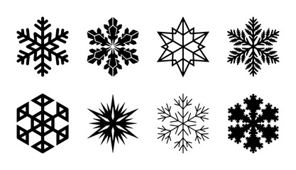 Obraz premium Eight Black Snowflake Icons, Winter Holiday Vector Graphics, Geometric Snow Crystal Designs