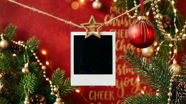 Blank instant photo frame hanging on a string with christmas decorations