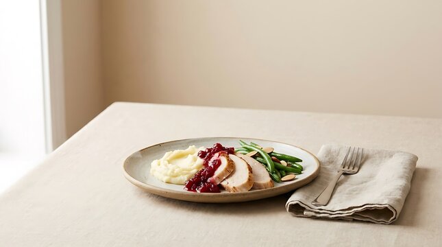 Sliced turkey breast plate with mashed potatoes and red sauce.
