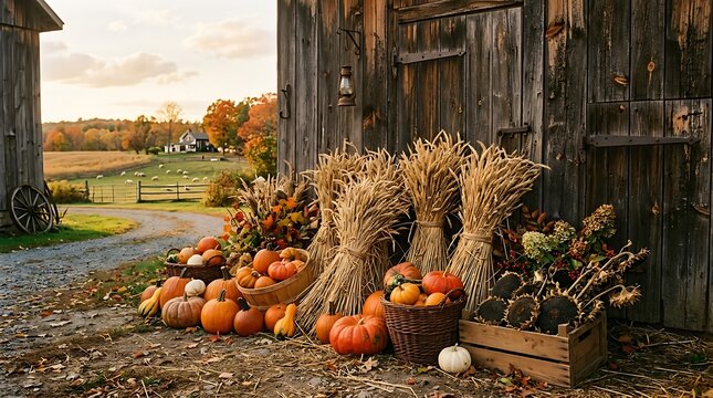 Harvest festival farm decor with pumpkins and wheat bundles.