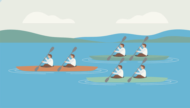 Team of people paddling canoes on a calm lake with mountains in the background, representing cooperation and teamwork.