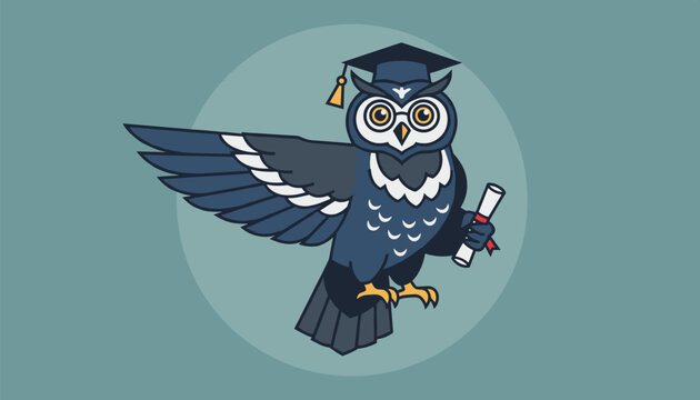 Intelligent cartoon owl wearing a graduation cap and holding a diploma scroll, representing wisdom and academic success.