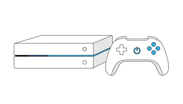 Minimalist outline illustration of a white modern game console and wireless controller with blue buttons, representing gaming.