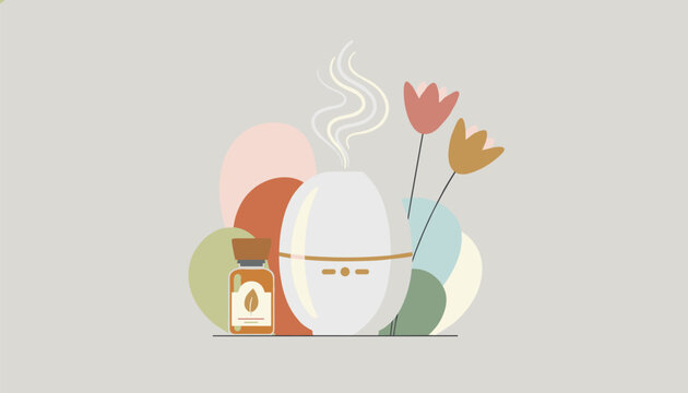Ultrasonic aromatherapy diffuser with steam, essential oil bottle, and flowers representing spa and wellness.