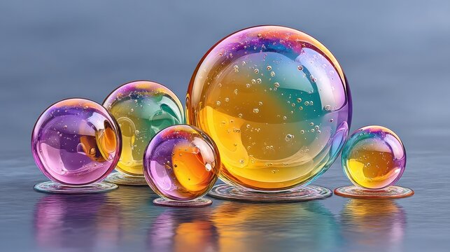 Decorative Saturated Colorful Colorful Water Bubbles with Reflection on Smooth Surface