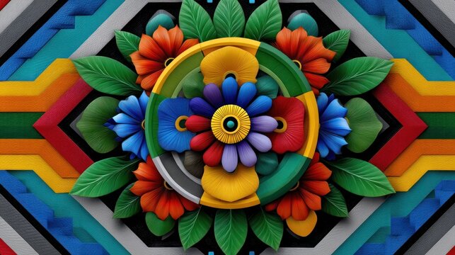 Decorative Saturated Colorful Vibrant Floral Design with Colorful Elements and Geometric Shapes