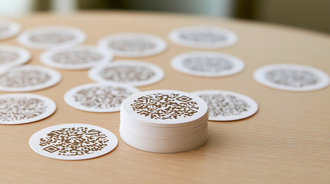 Stack of round paper cards with black matrix barcode pattern scattered on wooden table surface in modern office environment for digital concept