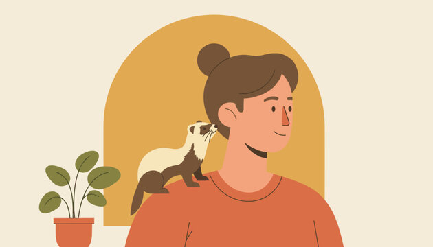 Smiling young woman with a cute ferret sitting on her shoulder inside a home interior with potted houseplant.